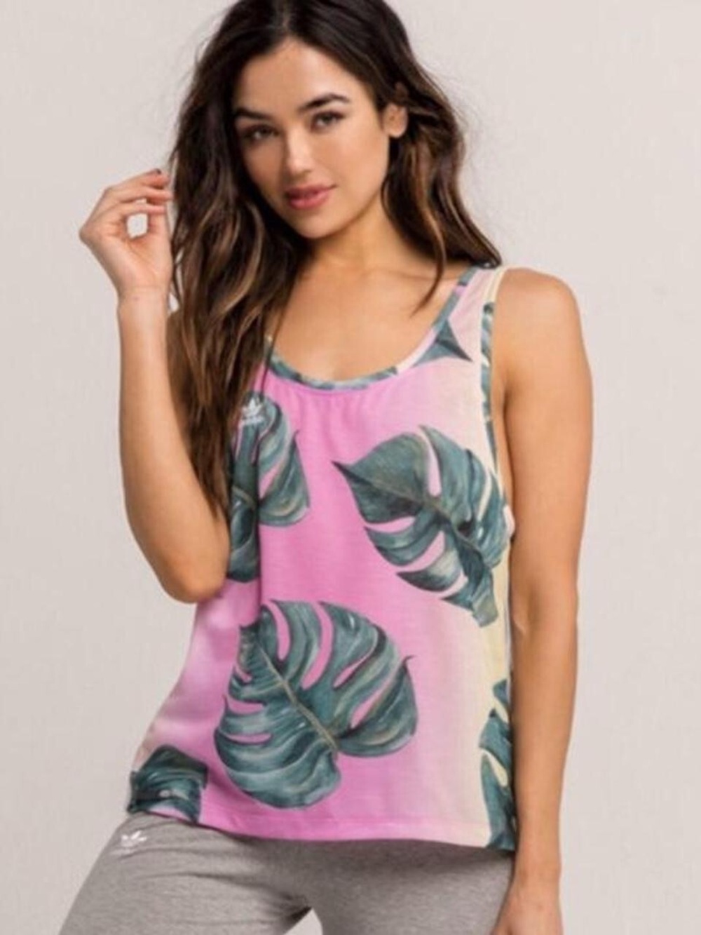 ADIDAS Palm Leaf Print Tank Top Pink Yellow Ombre Loose Fit - Size Medium NWOT